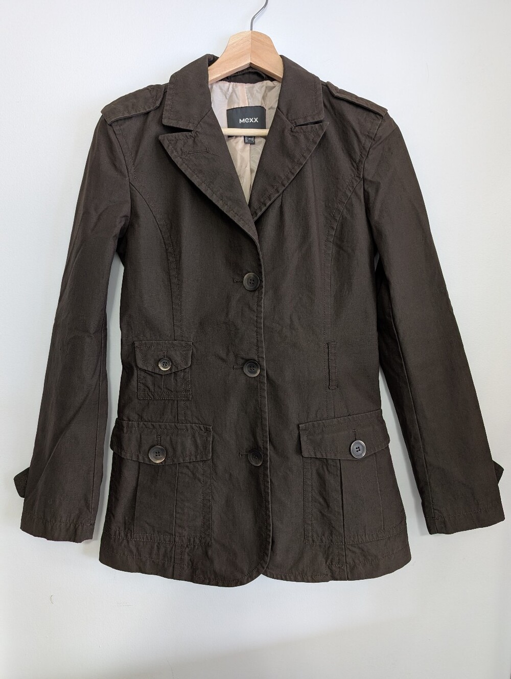 Mexx XS Cargo Jacket Button Utility Coat Fitted Brown Casual Cotton Lightweight